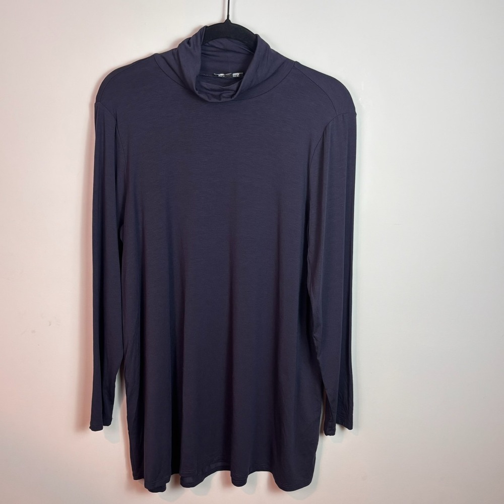 Eileen Fisher Women Navy Long Sleeve Tencel Lyocell Turtleneck Tee Large stretch